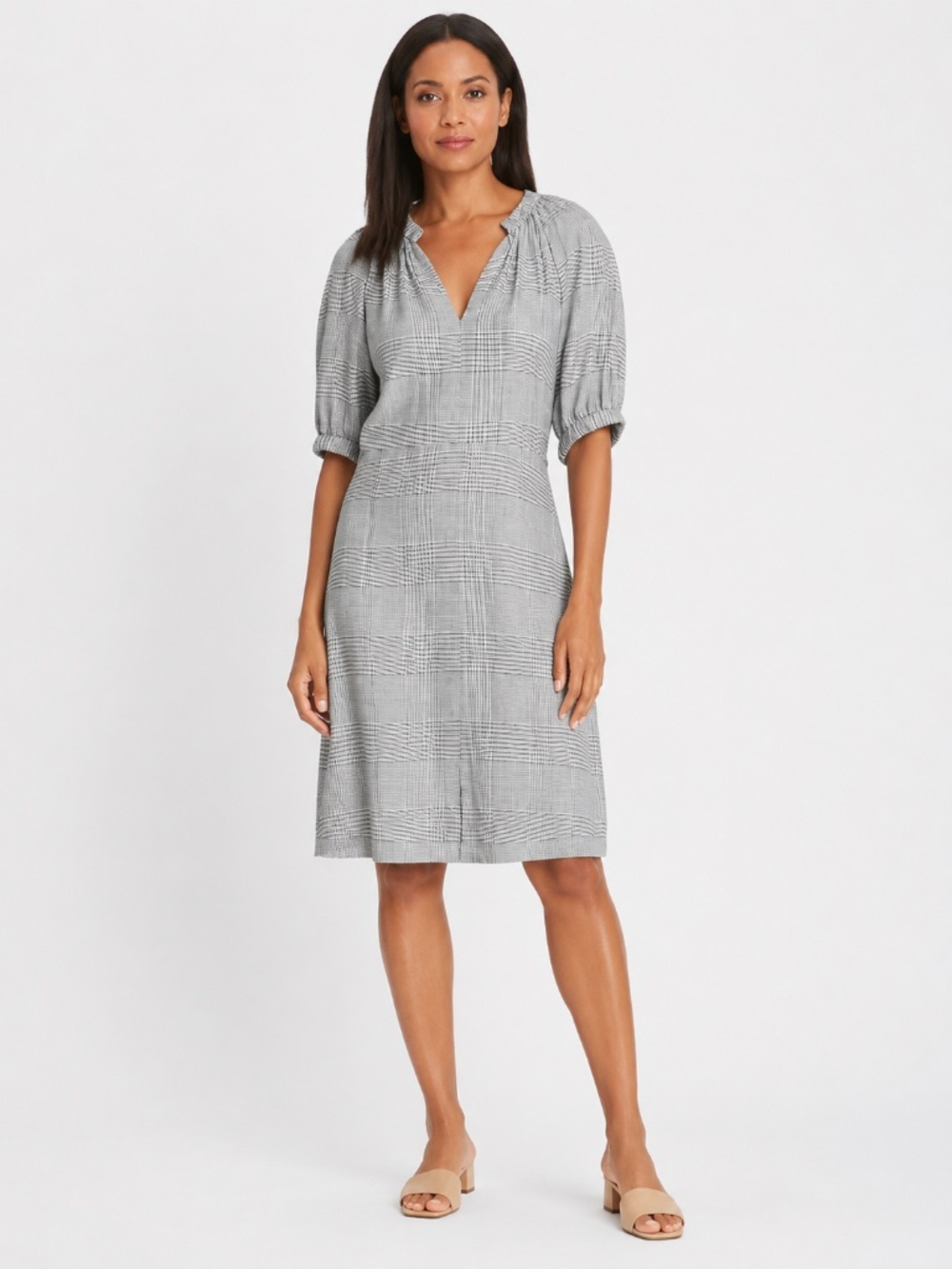 LEWIT V-Neck Herringbone Check Puff Sleeve Work Dress Size 10 NWOT